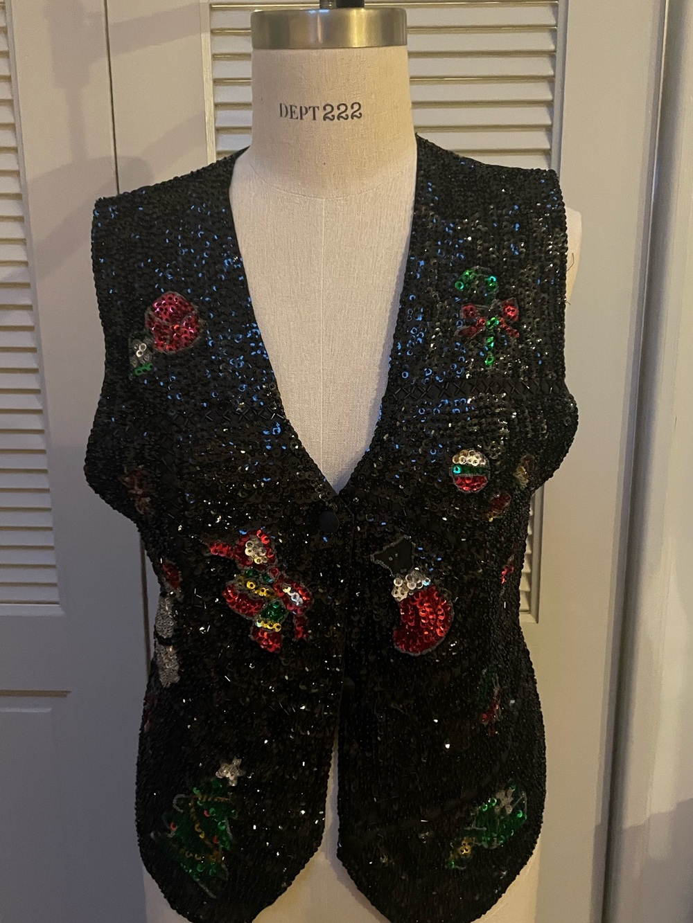 Vintage Christmas Black Sequin Holiday Vest with Festive Embellishments Large